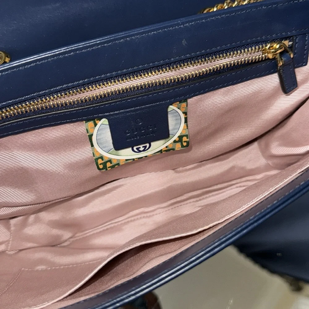 ✨Gucci Rajah Chain Shoulder Bag Leather Medium Blue Handbag Bag - Picture 12 of 16